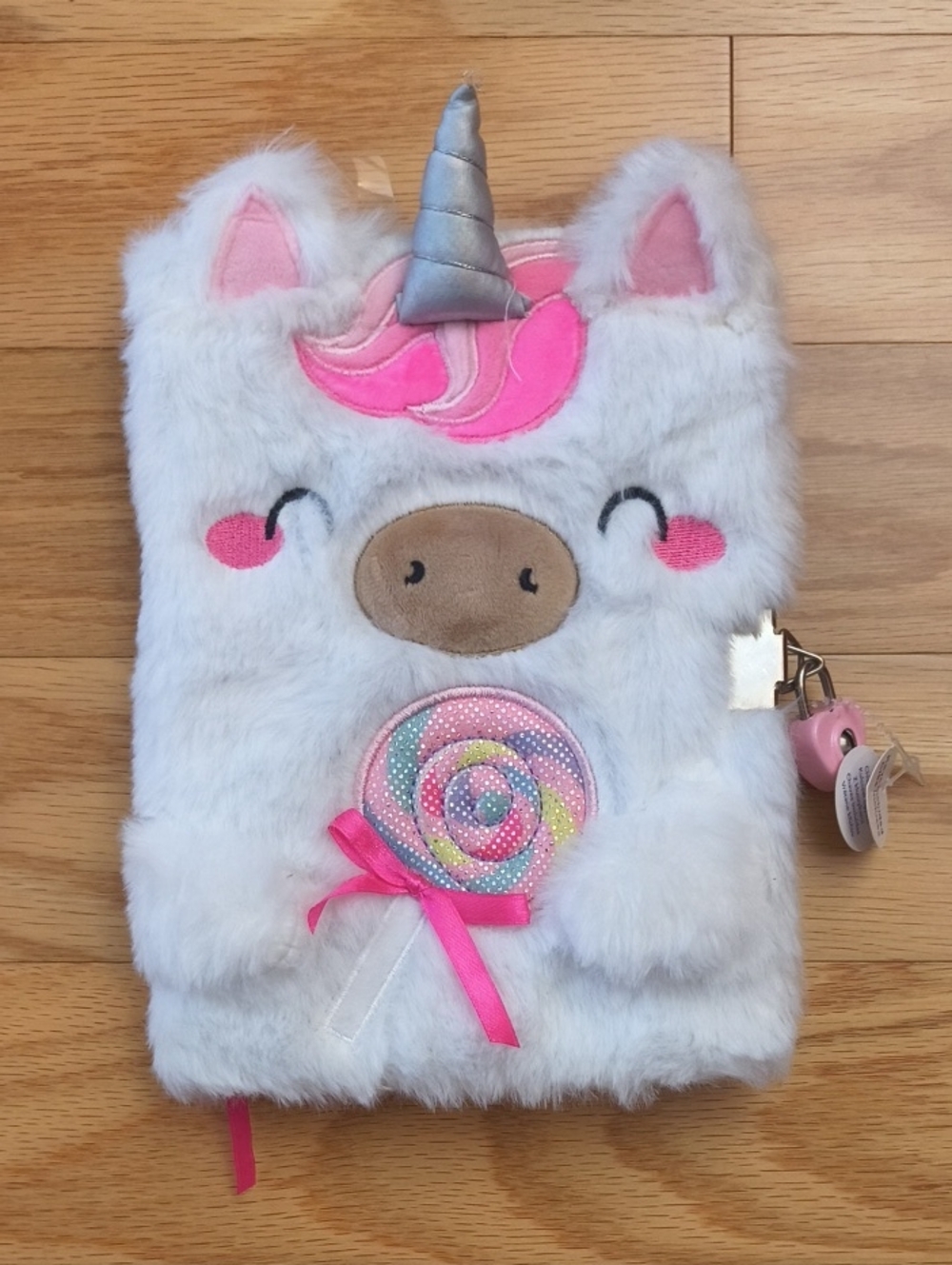 Claire's White Pink Unicorn Plush Rainbow Lollipop Journal Lock & Key NWT